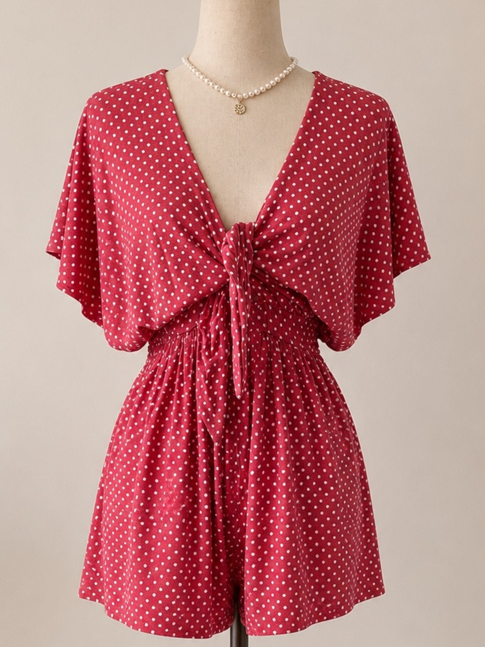 Red Polka Dot Tie-Front Romper